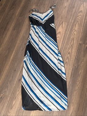 HeartSoul Black, White & Blue Striped Maxi Dress with V-Neck